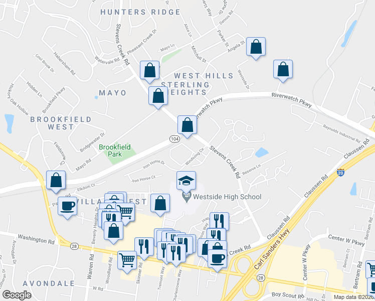 map of restaurants, bars, coffee shops, grocery stores, and more near 205 Windsong Circle in Augusta