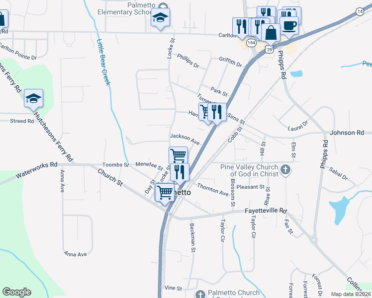 map of restaurants, bars, coffee shops, grocery stores, and more near 510 Center Street in Palmetto