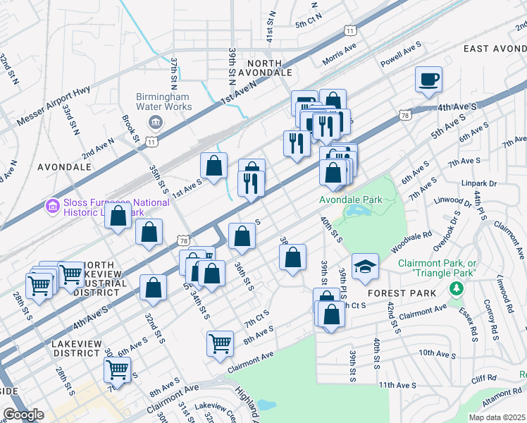 map of restaurants, bars, coffee shops, grocery stores, and more near 3719 4th Avenue South in Birmingham