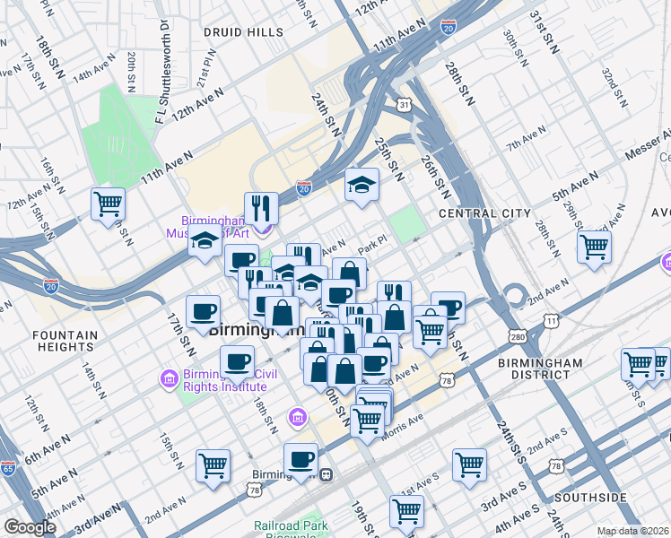 map of restaurants, bars, coffee shops, grocery stores, and more near in Birmingham