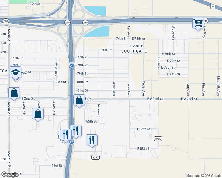 map of restaurants, bars, coffee shops, grocery stores, and more near 301 81st Street in Lubbock