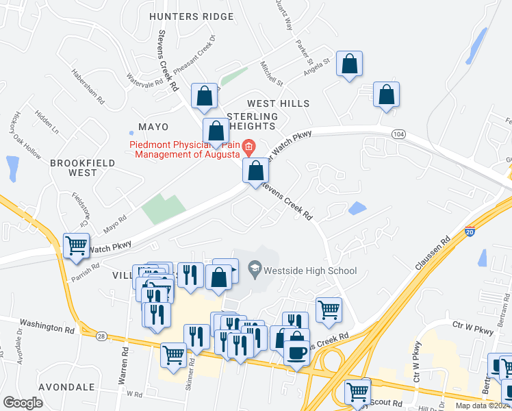 map of restaurants, bars, coffee shops, grocery stores, and more near 504 Windsong Circle in Augusta