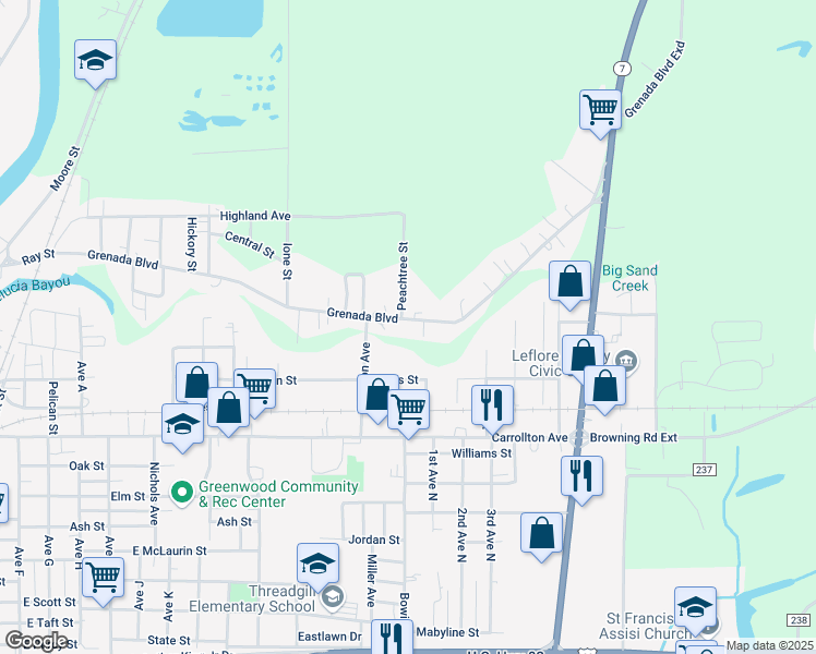 map of restaurants, bars, coffee shops, grocery stores, and more near 2104 Grenada Boulevard in Greenwood