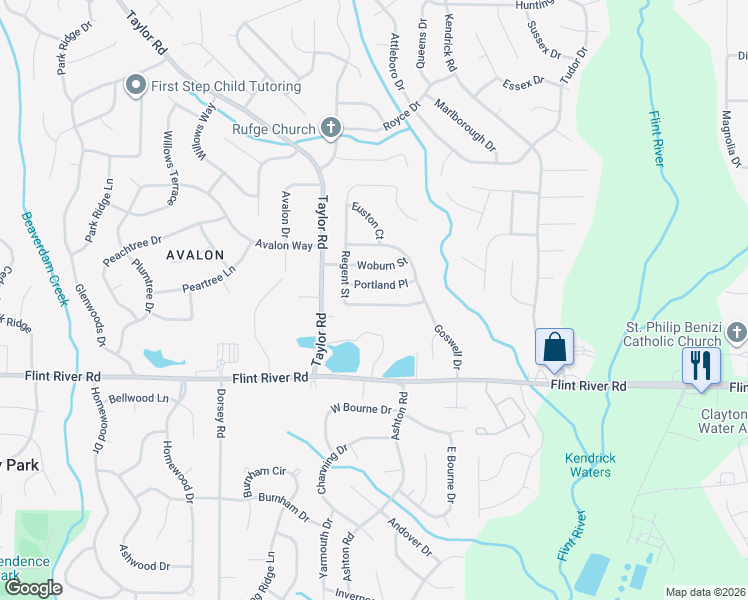 map of restaurants, bars, coffee shops, grocery stores, and more near 8586 Regent Street in Jonesboro