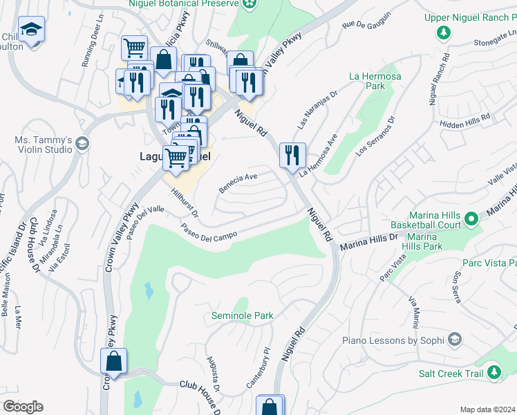 map of restaurants, bars, coffee shops, grocery stores, and more near 24052 Estacia Avenue in Laguna Niguel