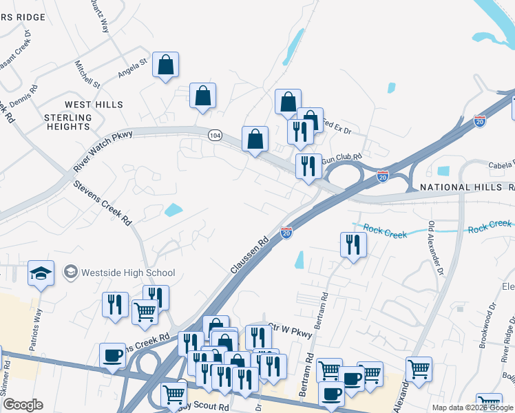 map of restaurants, bars, coffee shops, grocery stores, and more near 2193 River Park Court in Augusta