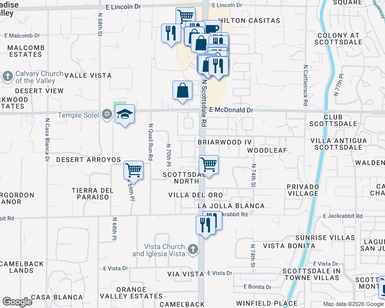map of restaurants, bars, coffee shops, grocery stores, and more near 5734 North Scottsdale Road in Paradise Valley