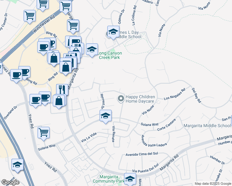 map of restaurants, bars, coffee shops, grocery stores, and more near 29825 Vail Brook Drive in Temecula