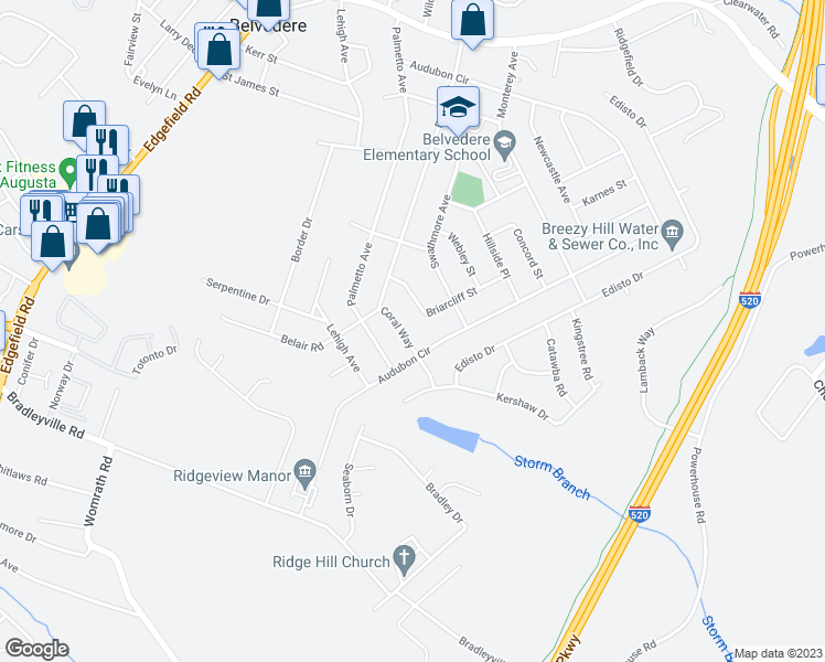 map of restaurants, bars, coffee shops, grocery stores, and more near 310 Coral Way in North Augusta