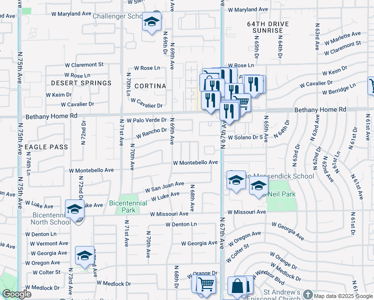 map of restaurants, bars, coffee shops, grocery stores, and more near 5730 North 68th Avenue in Glendale