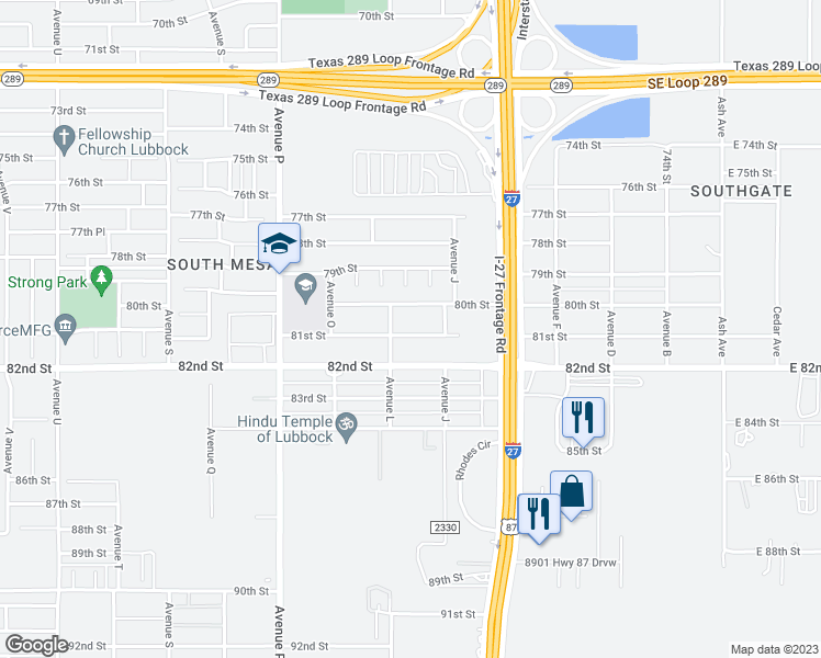 map of restaurants, bars, coffee shops, grocery stores, and more near 1116 81st Street in Lubbock