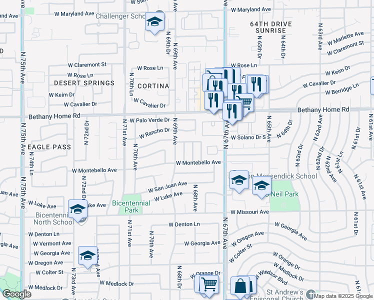 map of restaurants, bars, coffee shops, grocery stores, and more near 5731 North 68th Drive in Glendale