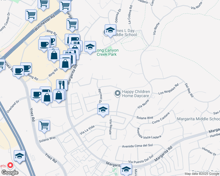 map of restaurants, bars, coffee shops, grocery stores, and more near 29791 Vail Brook Drive in Temecula