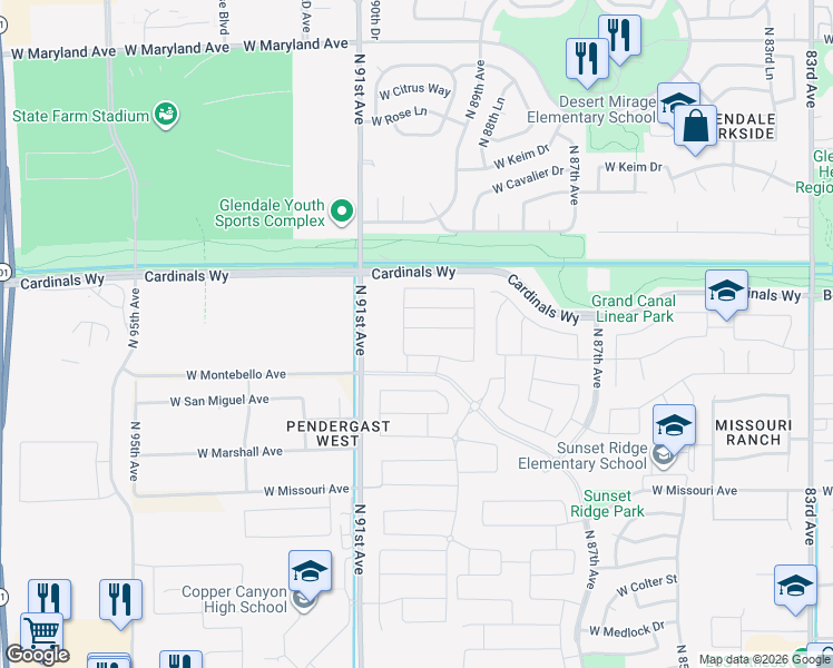 map of restaurants, bars, coffee shops, grocery stores, and more near 8948 West Solano Drive in Glendale