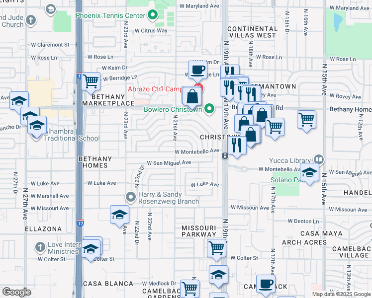 map of restaurants, bars, coffee shops, grocery stores, and more near 2008 West San Miguel Avenue in Phoenix