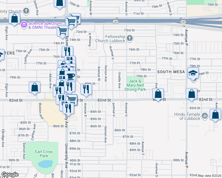 map of restaurants, bars, coffee shops, grocery stores, and more near 8105 Avenue V in Lubbock