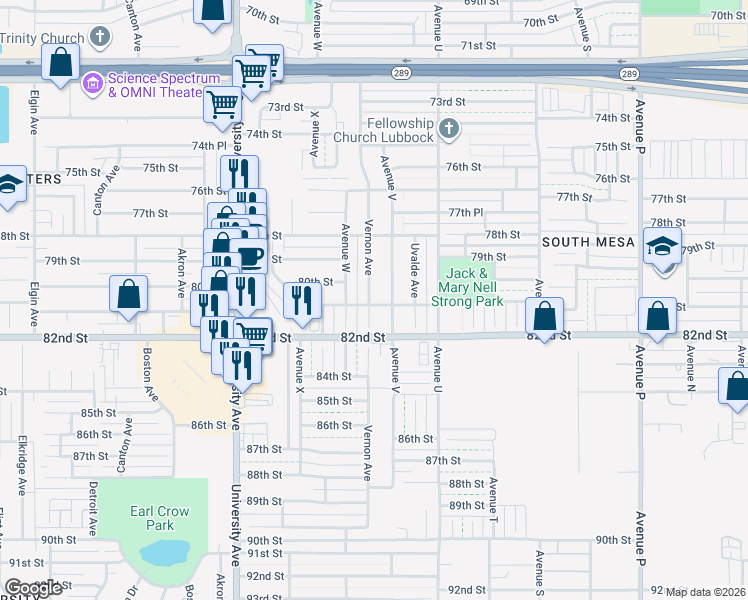 map of restaurants, bars, coffee shops, grocery stores, and more near 8104 Vernon Ave in Lubbock
