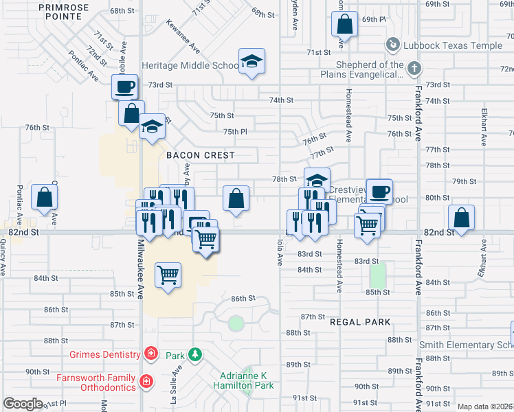 map of restaurants, bars, coffee shops, grocery stores, and more near 79TH Villa Drive in Lubbock