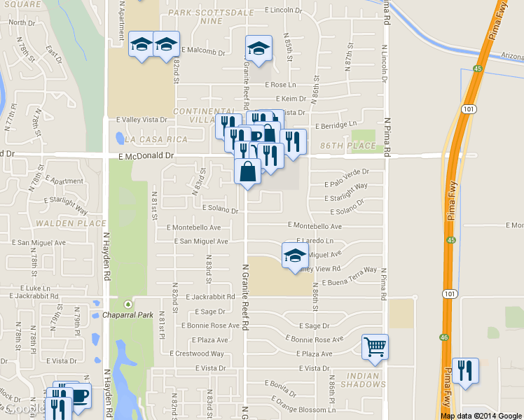 map of restaurants, bars, coffee shops, grocery stores, and more near 8438 East Montebello Avenue in Scottsdale
