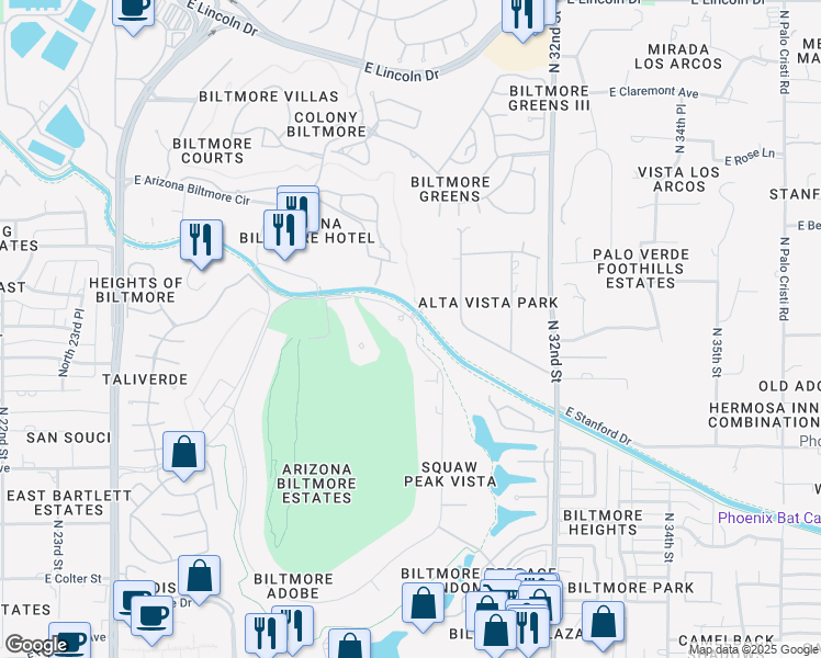 map of restaurants, bars, coffee shops, grocery stores, and more near 5650 Biltmore Estate in Phoenix