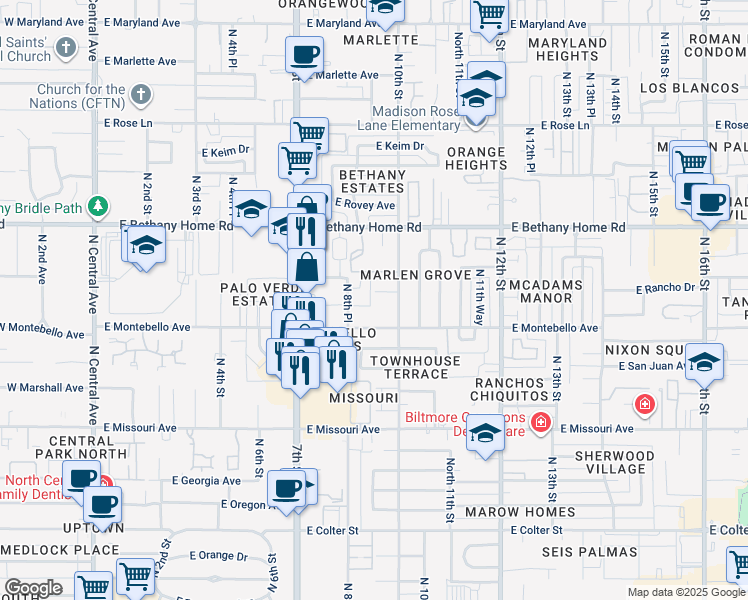 map of restaurants, bars, coffee shops, grocery stores, and more near 920 East Montebello Avenue in Phoenix