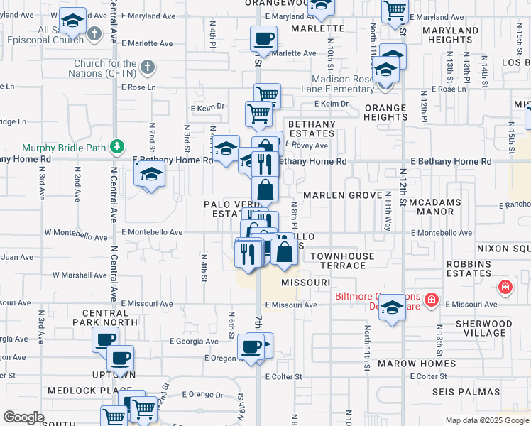 map of restaurants, bars, coffee shops, grocery stores, and more near in Phoenix