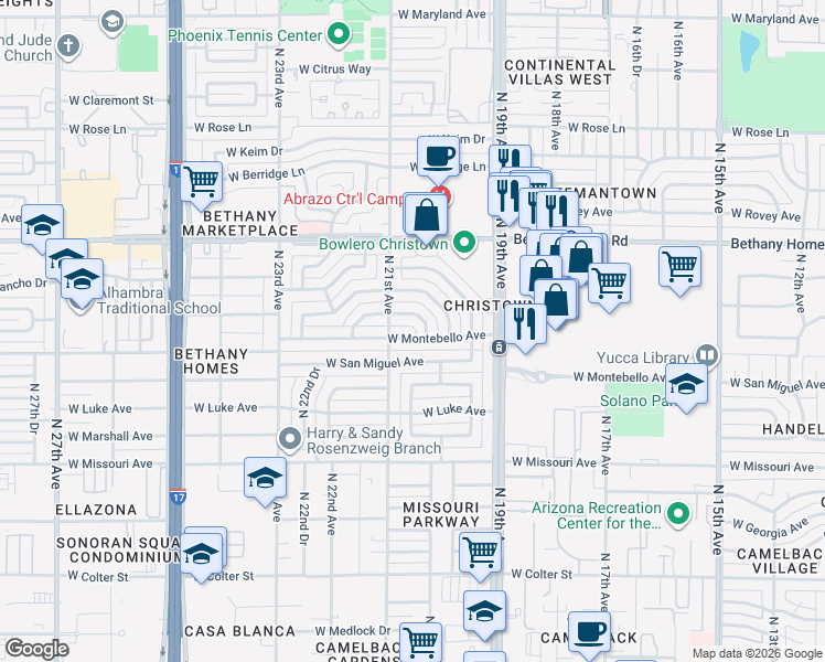 map of restaurants, bars, coffee shops, grocery stores, and more near 2008 West San Miguel Avenue in Phoenix