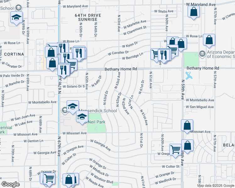 map of restaurants, bars, coffee shops, grocery stores, and more near 5702 North 62nd Drive in Glendale
