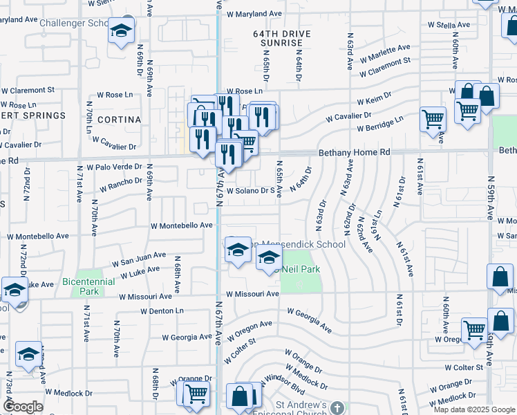 map of restaurants, bars, coffee shops, grocery stores, and more near 6524 West Montebello Avenue in Glendale