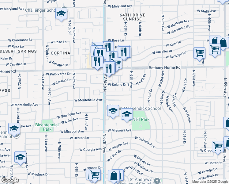map of restaurants, bars, coffee shops, grocery stores, and more near 6603 West Montebello Avenue in Glendale