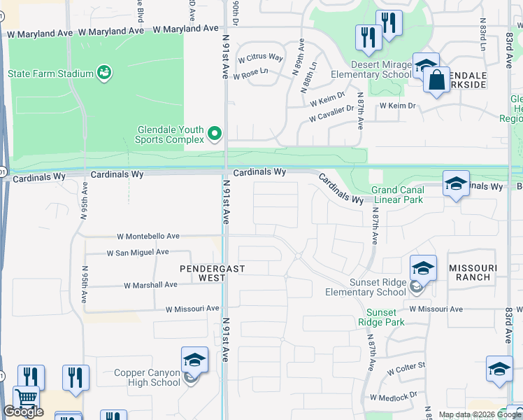 map of restaurants, bars, coffee shops, grocery stores, and more near 8948 West Solano Drive in Glendale