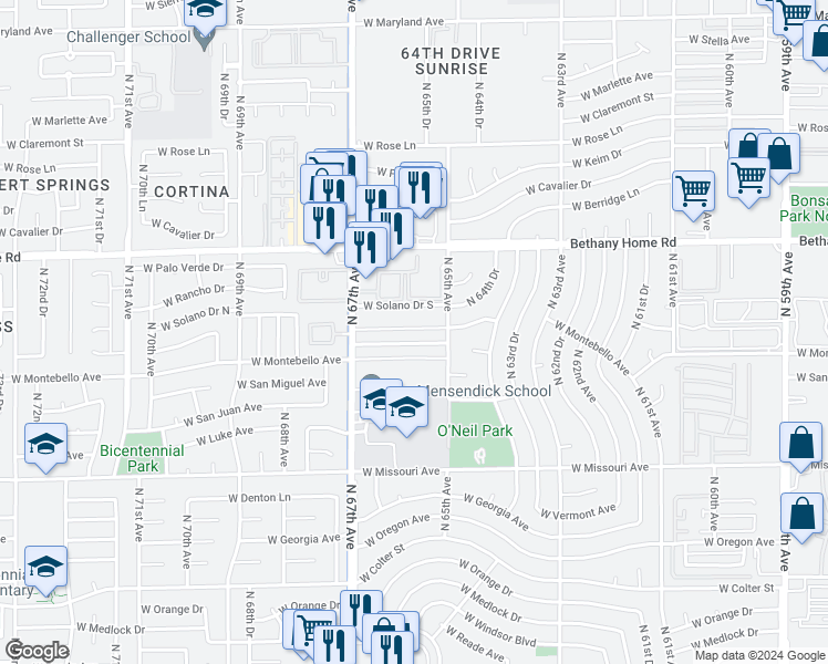 map of restaurants, bars, coffee shops, grocery stores, and more near 6534 West Montebello Avenue in Glendale