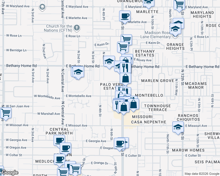 map of restaurants, bars, coffee shops, grocery stores, and more near 601 East Palo Verde Drive in Phoenix