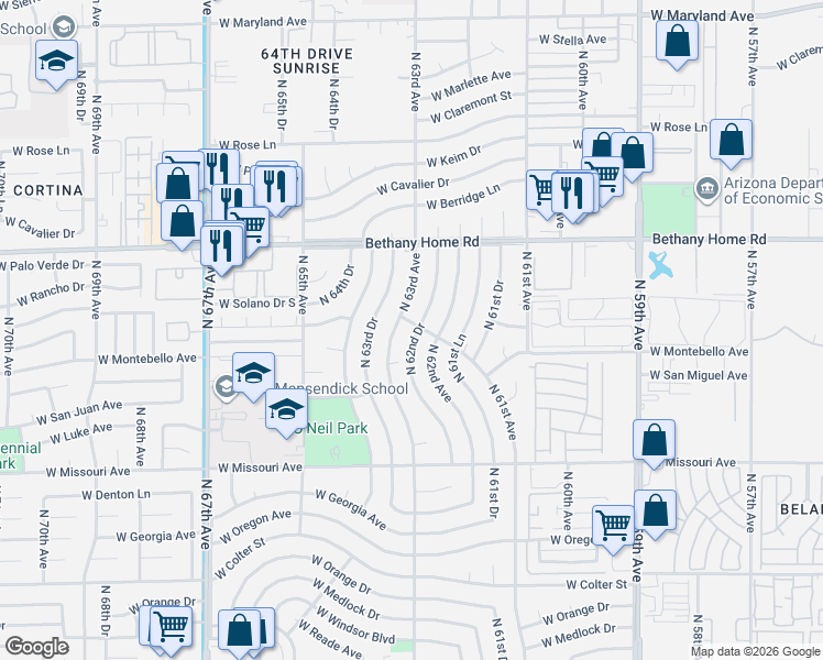 map of restaurants, bars, coffee shops, grocery stores, and more near 5702 North 62nd Drive in Glendale