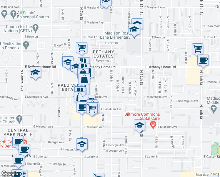 map of restaurants, bars, coffee shops, grocery stores, and more near 5707 North 10th Street in Phoenix