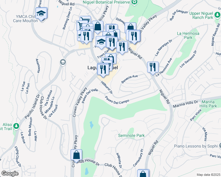 map of restaurants, bars, coffee shops, grocery stores, and more near 23800 Hillhurst Drive in Laguna Niguel