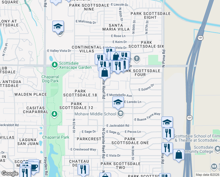 map of restaurants, bars, coffee shops, grocery stores, and more near 5801 North Granite Reef Road in Scottsdale