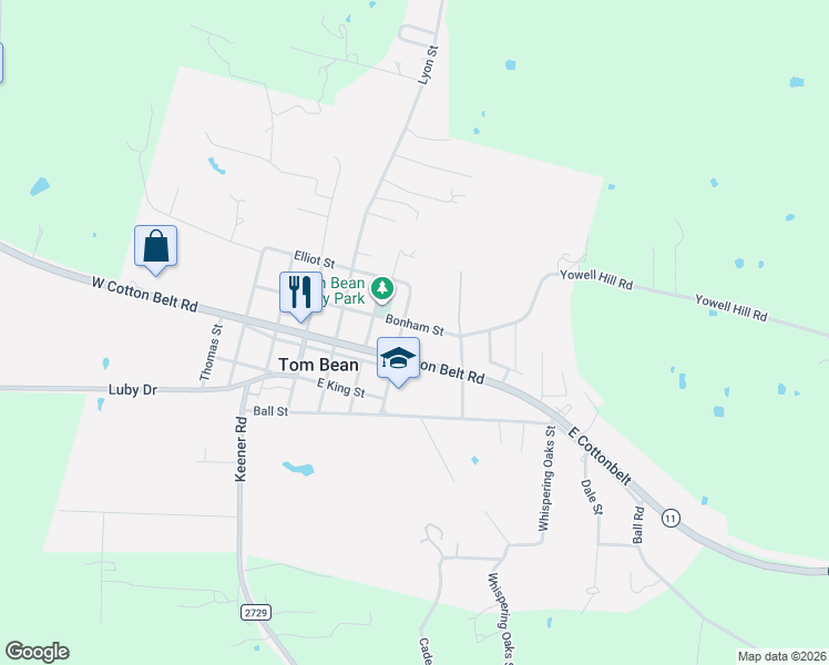 map of restaurants, bars, coffee shops, grocery stores, and more near 405 Texas 11 in Tom Bean