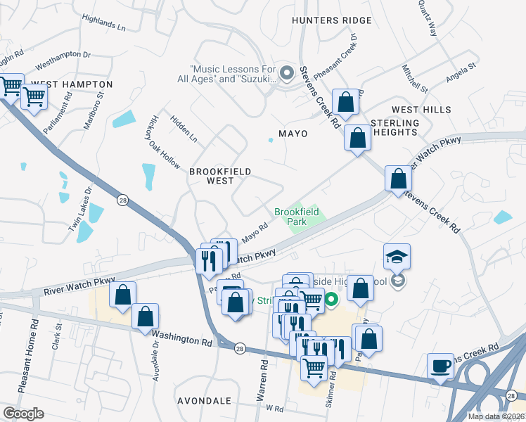 map of restaurants, bars, coffee shops, grocery stores, and more near 2007 Markwood Place in Augusta