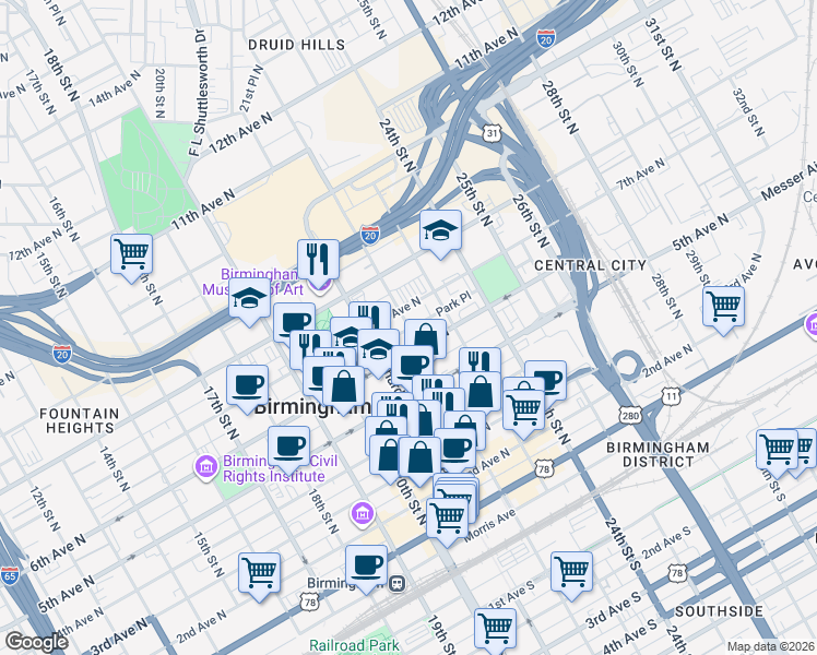 map of restaurants, bars, coffee shops, grocery stores, and more near 2200 Park Place in Birmingham