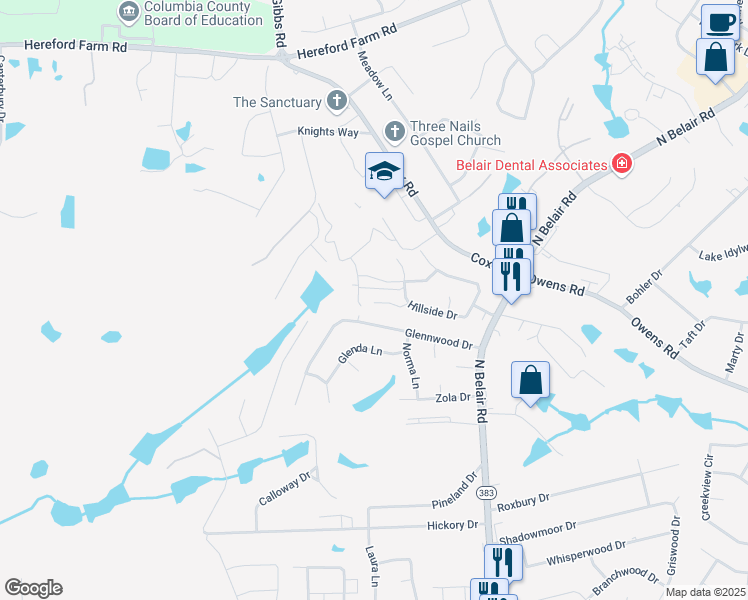 map of restaurants, bars, coffee shops, grocery stores, and more near 4550 Anderson Court in Evans