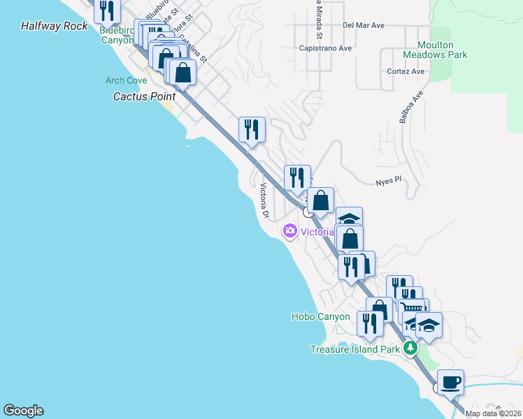 map of restaurants, bars, coffee shops, grocery stores, and more near 2665 Victoria Drive in Laguna Beach