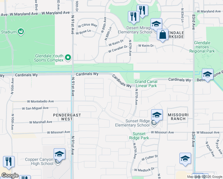 map of restaurants, bars, coffee shops, grocery stores, and more near W Bethany Home Rd in Glendale
