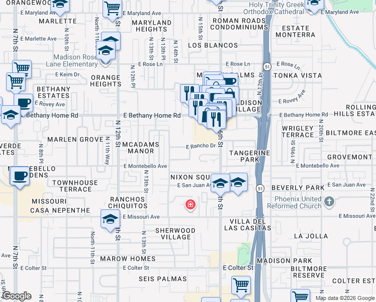 map of restaurants, bars, coffee shops, grocery stores, and more near 1441 East Solano Drive in Phoenix
