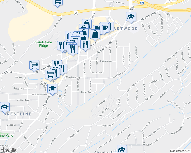 map of restaurants, bars, coffee shops, grocery stores, and more near 244 Bush Street in Irondale