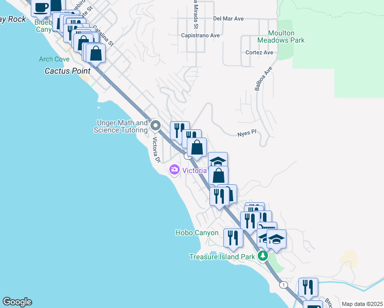 map of restaurants, bars, coffee shops, grocery stores, and more near 201 Nyes Place in Laguna Beach