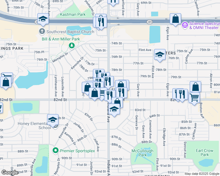 map of restaurants, bars, coffee shops, grocery stores, and more near 8105 Indiana Avenue in Lubbock