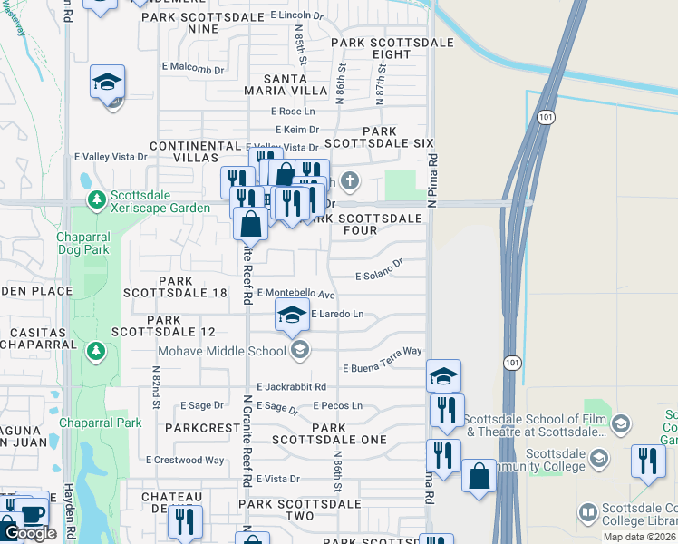 map of restaurants, bars, coffee shops, grocery stores, and more near 8608 East Montebello Avenue in Scottsdale