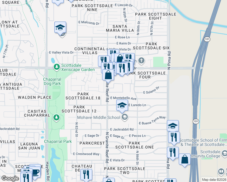 map of restaurants, bars, coffee shops, grocery stores, and more near 5801 North Granite Reef Road in Scottsdale