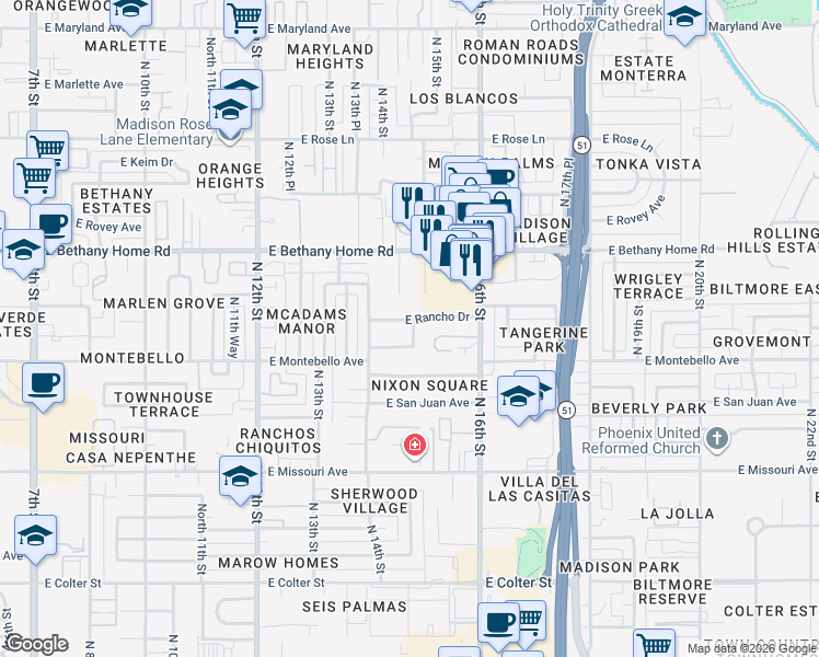 map of restaurants, bars, coffee shops, grocery stores, and more near 1441 East Solano Drive in Phoenix